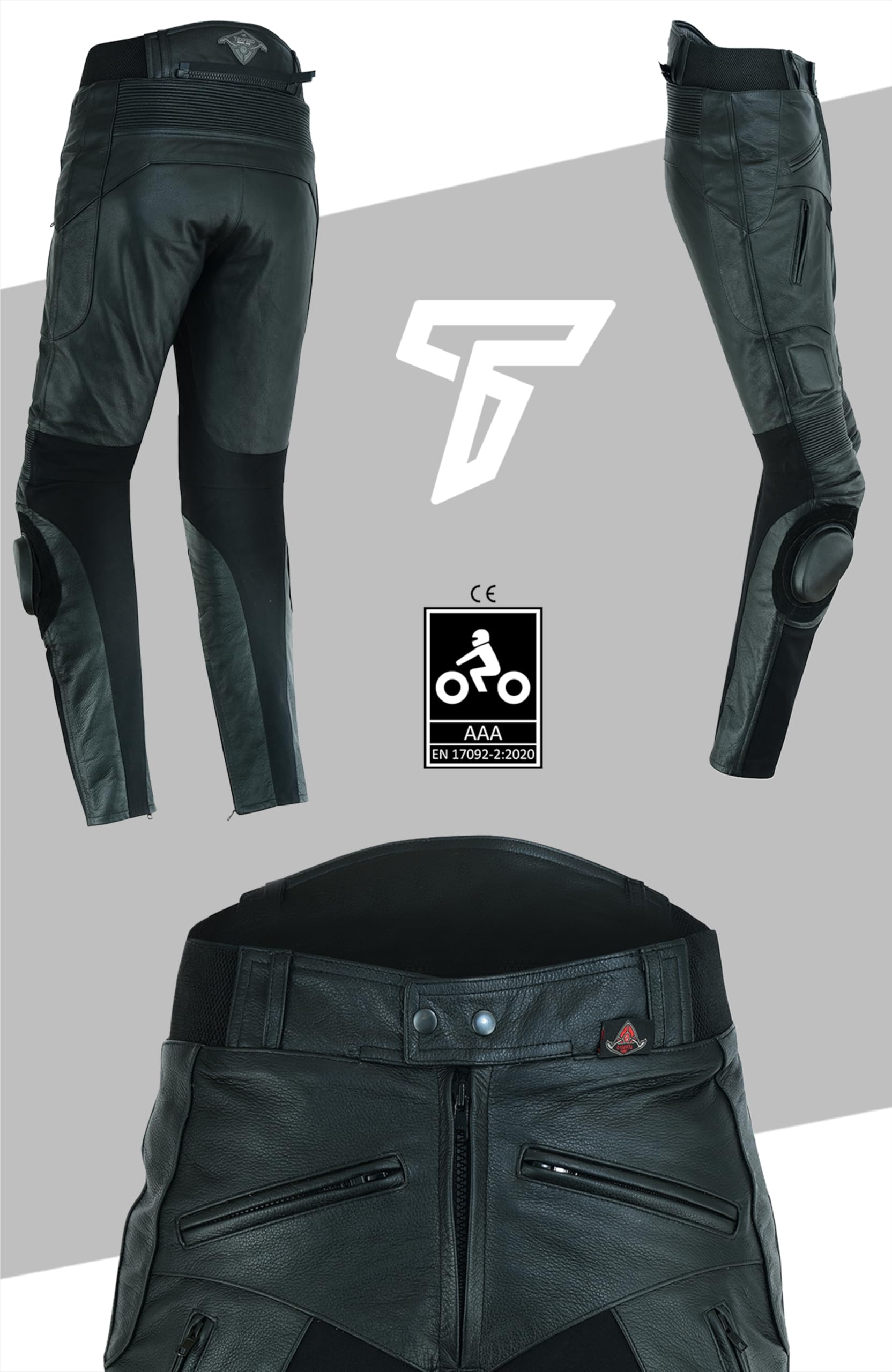 Texpeed – pantaloni da moto in pelle per uomo con protezioni – nero – pelle pieno fiore con sliders, protezioni EN 1621-1 - L Girovita/Gamba Lunga