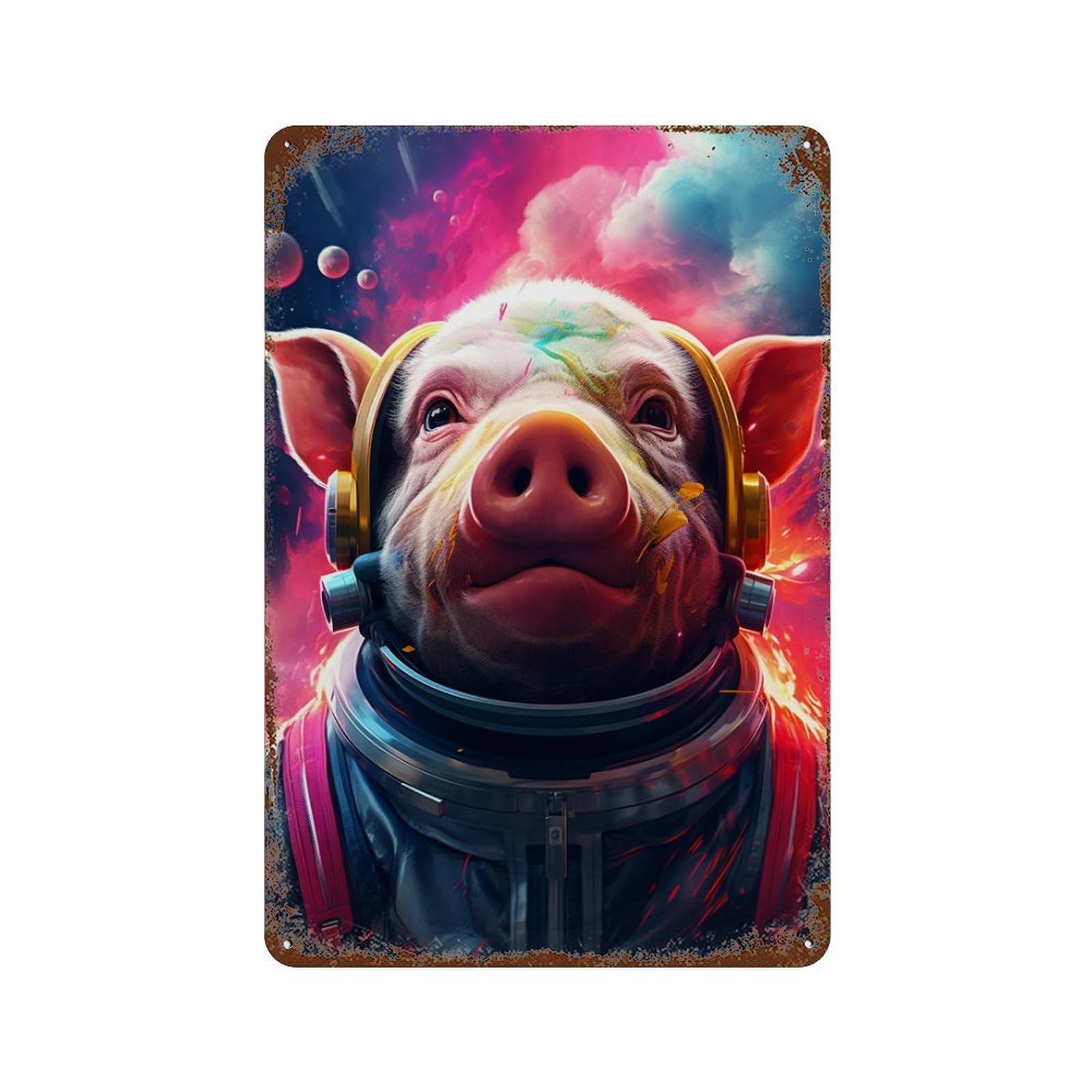 Pig Astronaut Space Suit-21 Vintage Wall Sign 11.8"x7.9", Rust Effect Metal Decor for Shed, Workshop And Garage Wall Decor