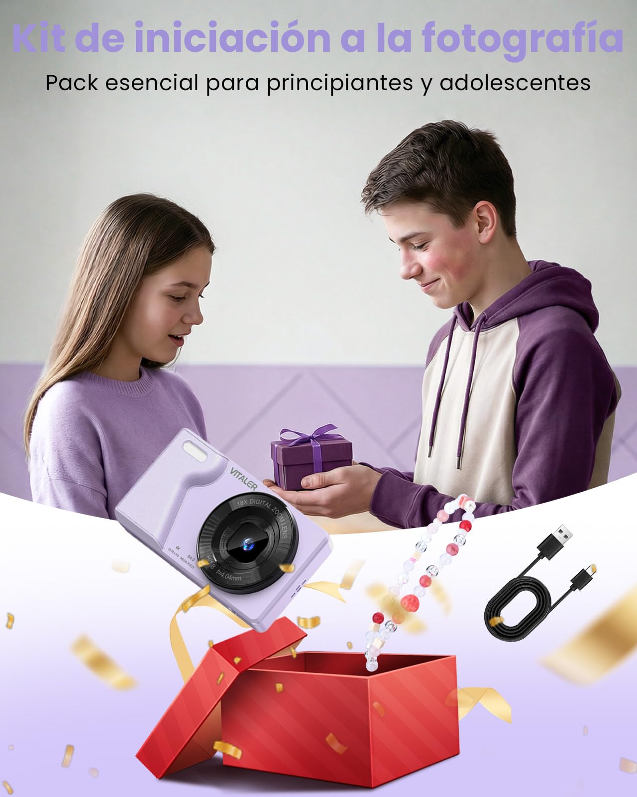Cámara Digital 64MP 4K Cámara de Fotos Compacta con Doble Lente,Pantalla LCD 2,8 Pulgadas,Batería de 2000 mAh,Carcasa de Aleación de Zinc y Zoom Digital 18X para Niños y Adultos(Morado,SIN Tarjeta SD)