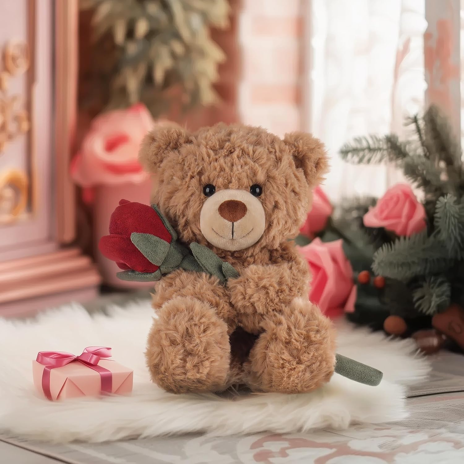 Apricot Lamb Toys Plush Brown Flower Teddy Bear with Rose Stuffed Animal Soft Cuddly for Kids Girlfriend Mother's Day Valentine's Day, 8 Inches