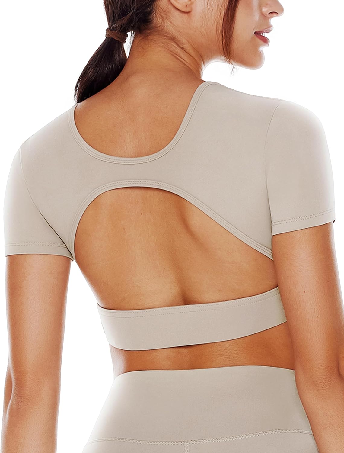 Open Back Workout Crop Tops for Women Backless Yoga Shirts Gym Short Sleeve Mild Support Compression Tee with Bra