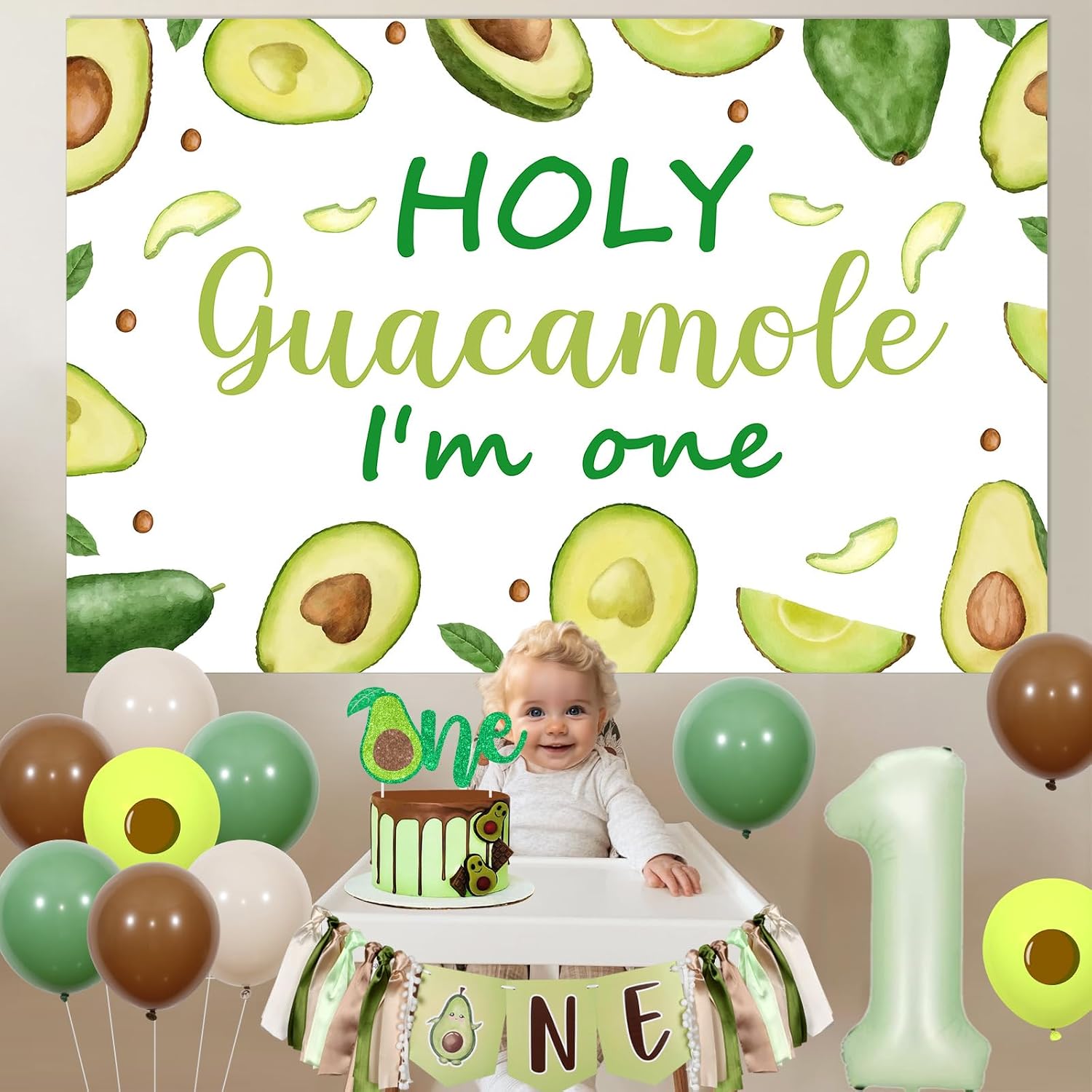 Avocado First Birthday Party Decorations Holy Guacamole I'm One Backdrop Banner Guacamole First Birthday Decorations Avocado One Highchair Banner Cake Topper Mexican Fiesta Avocado Birthday