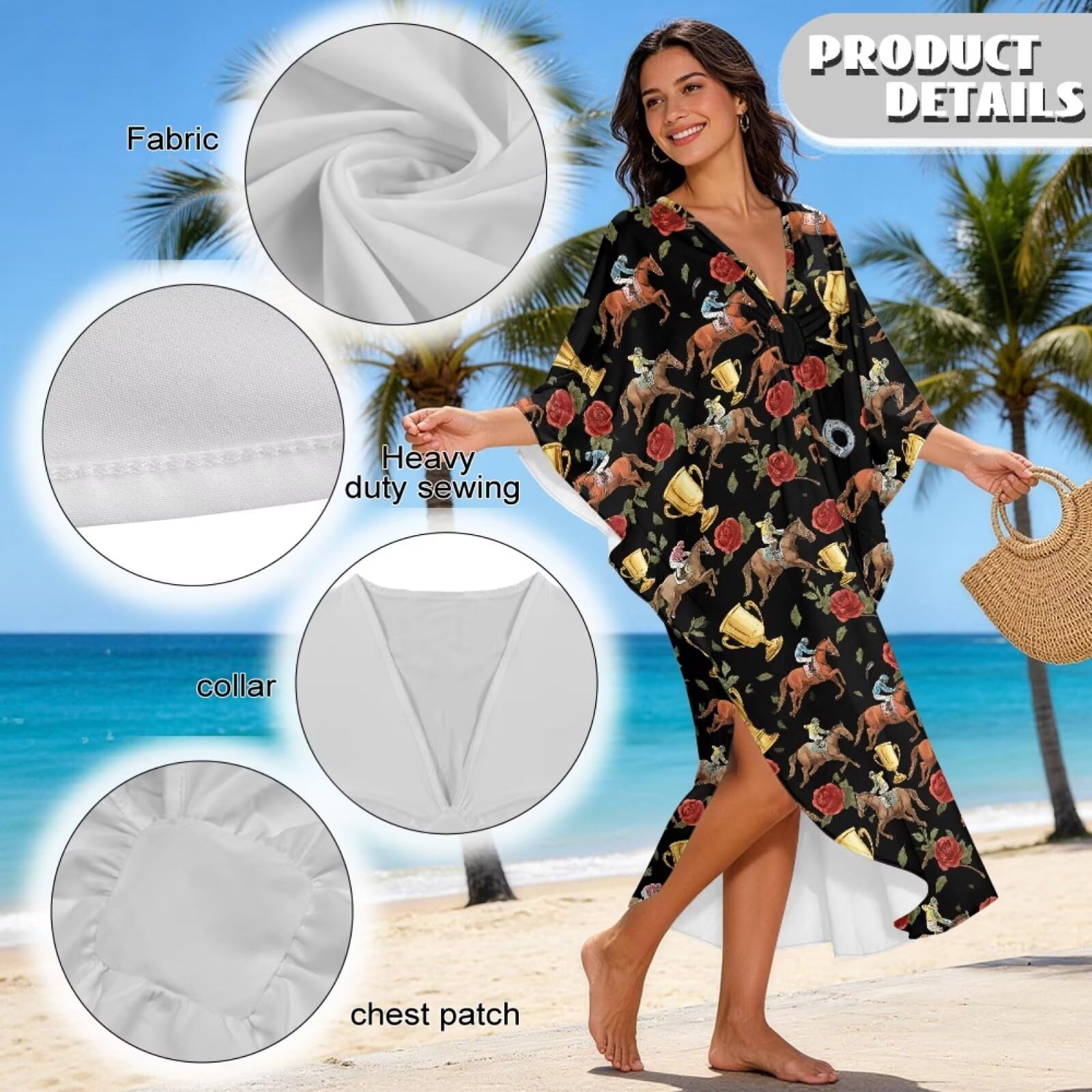 Damska letnia kaftanowa okrycie plażowe rękawy nietoperz maxi sukienka plażowa dekolt w serek okrycie plus size odzież domowa