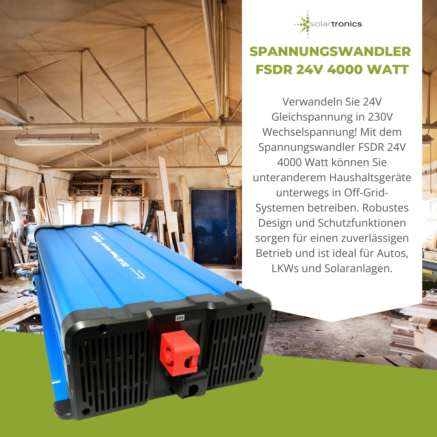 solartronics FS4000DR przetwornica napięcia 24 V na 230 V 4000 W, czysta sinusoida, niebieski falownik solarny bez pilota zdalnego sterowania