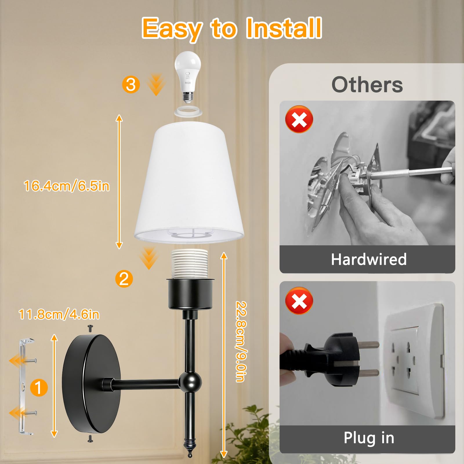 Apliques de Pared Interior, Lámparas de Pared LED Recargables con Batería Juego de 2 Lámpara LED Ajustable, 3 Temperaturas 12 RGB, Mando - Ideal Dormitorio Salón Pasillo - Negro