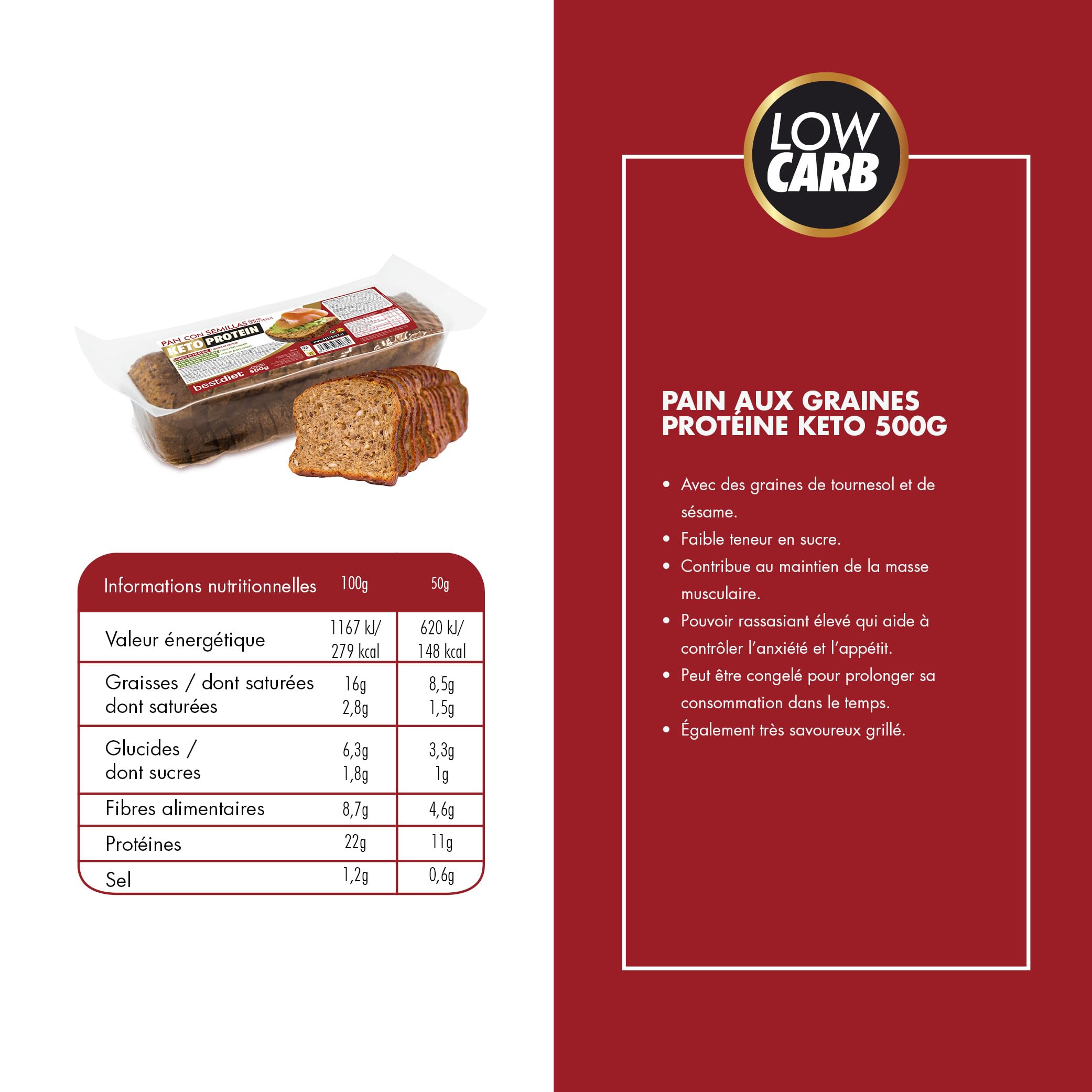 Keto Protein Bestdiet - Pain Protéiné Céto, sans sucre | Riche en fibres et en protéines | Pain aux graines | Peut être congelé | Lot de 3 pains de 500 g