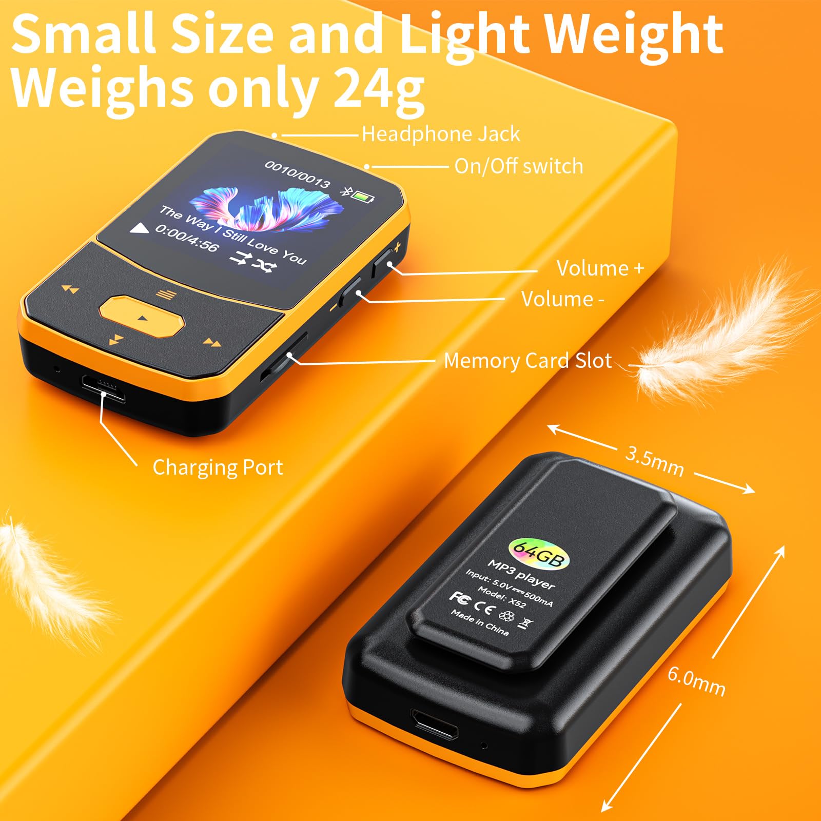 64Go Lecteur MP3 Bluetooth 5.3 Sport Mini-Design avec Clip, portabal baladeur mp3 avec Bouton de Volume indépendant,écran Couleur TFT 1,5 Pouces, Radio FM, podomètre, supporte jusqu'à 128Go Carte SD
