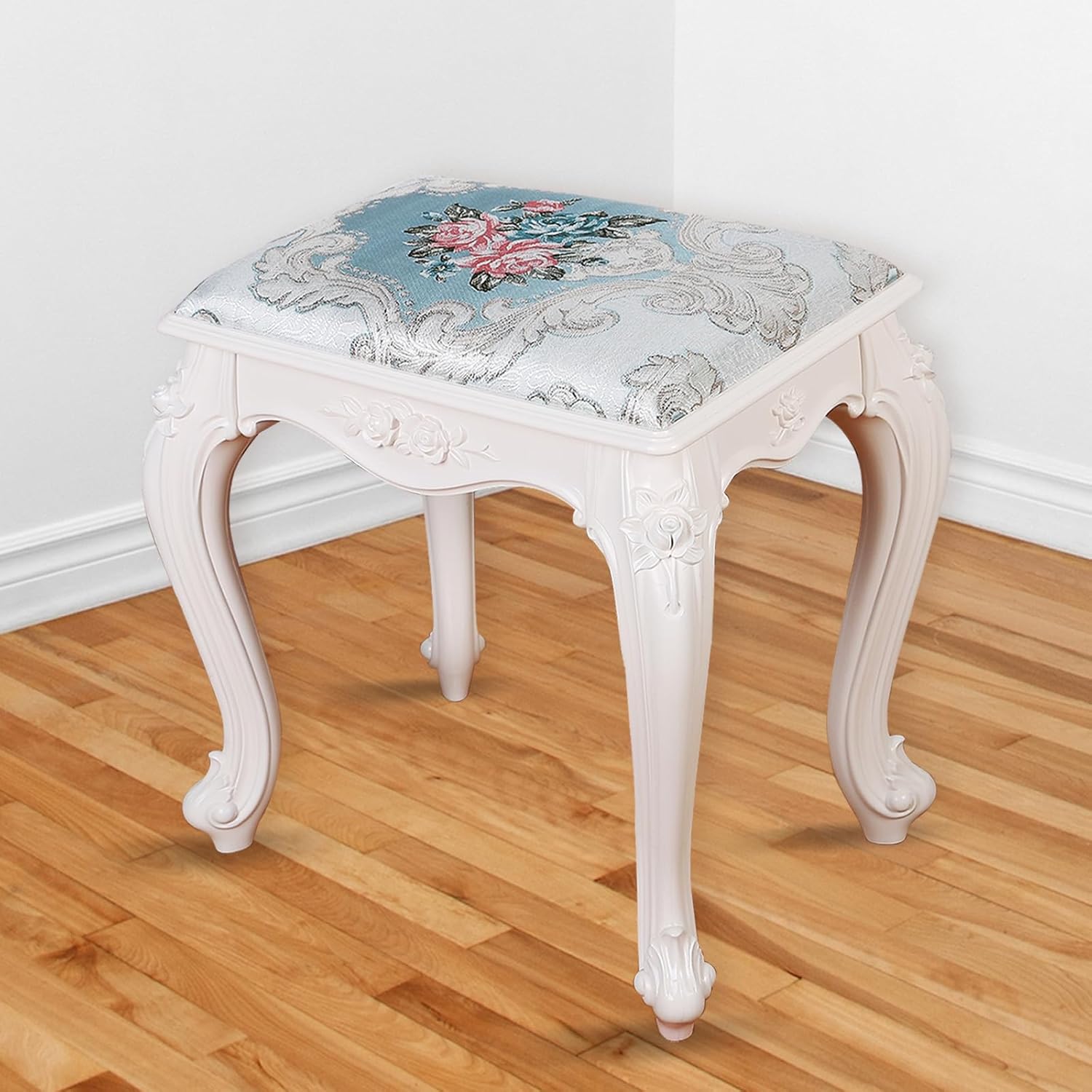 17 in Vanity Stool, Modern Elegant Makeup Chair with Embroidered Concave Seat Surface, Lightweight PVC Vanity Chair, Capacity 300lb, Assembles in Minutes(White, 5.7lb)