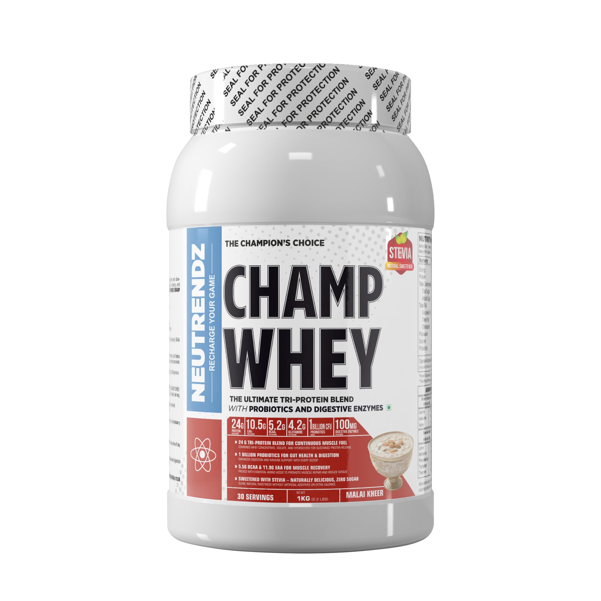 CHAMP WHEY – Premium Tri-Protein Blend | 24g Protein | 1 Billion Probiotics | Digestive Enzymes | 5.2g BCAA | 10.5g EAA | Sweetened with Stevia | Malai Kheer, Mango Vanilla & More (1kg, Malai Kheer)-image-35
