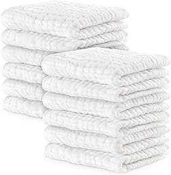 Comfy Cubs Muslin Cloths for Baby Pack of 10 - Soft 6-Layer Cotton for Delicate Skin - 25 x 25 cm Large Size - Absorbent, Durable, Gentle Wash Cloth for Newborns and Toddlers - White