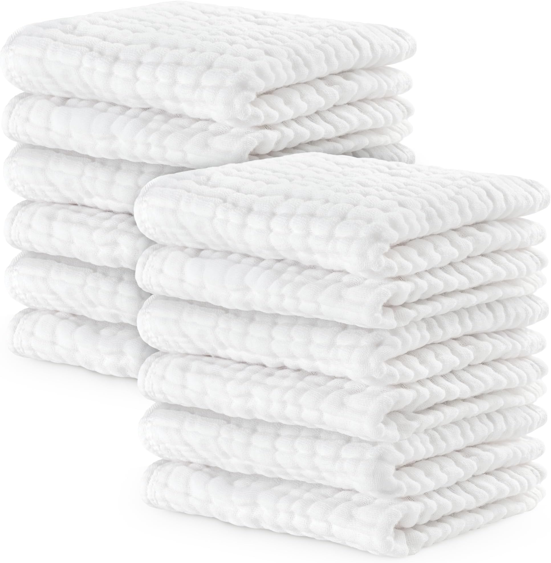 Comfy Cubs Muslin Baby Washcloths 10 Pack - Soft 6-Layer Cotton Wash Cloths for Sensitive Skin - 10"x10" Large, Gentle, Absorbent Infant Essentials for Newborn and Toddlers - White