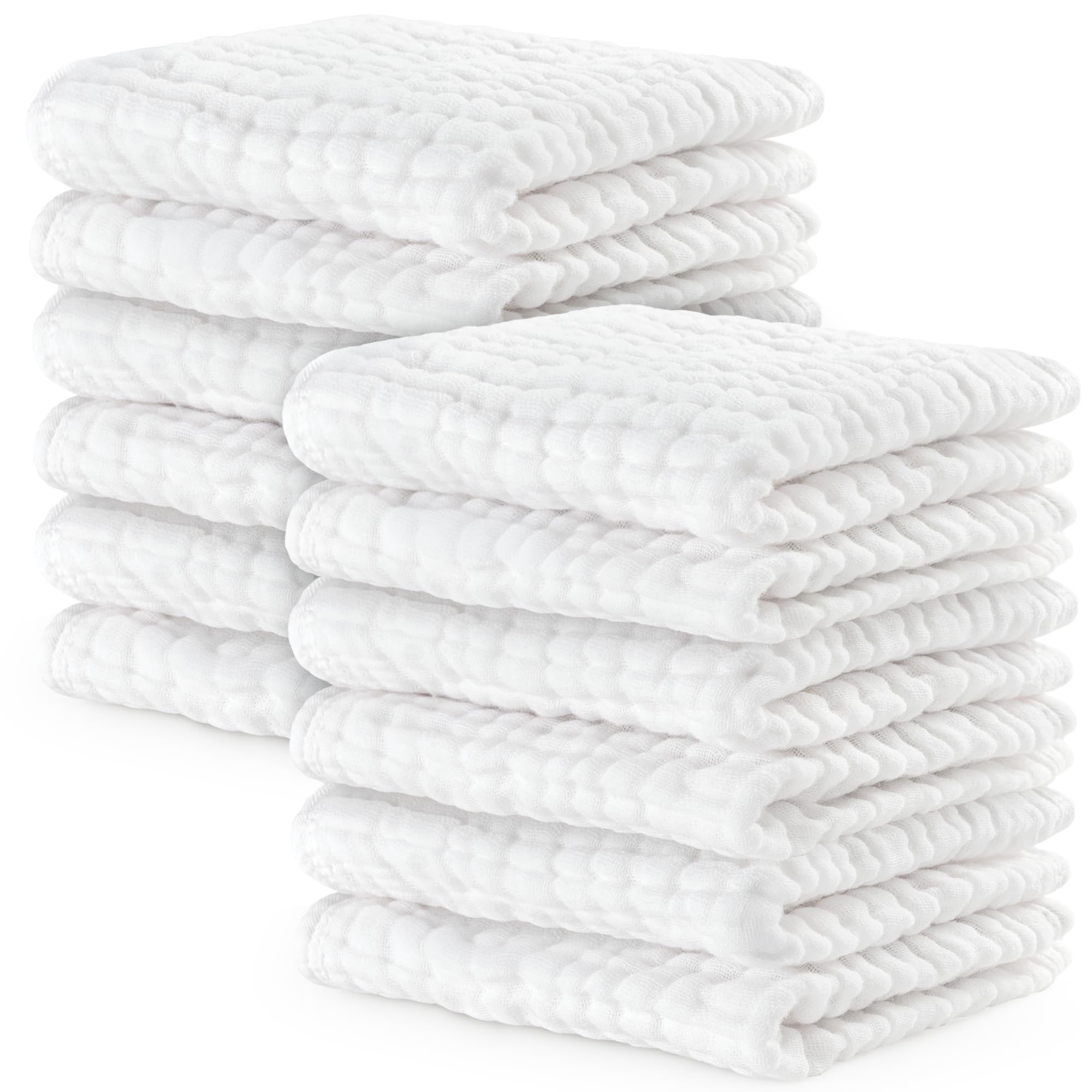 Baby Washcloths, Muslin Cotton Baby Towels, Large 10”x10” Wash Cloths Soft on Sensitive Skin, Absorbent for Boys & Girls, Newborn Baby & Toddlers Essentials Shower Registry Gift (White, Pack of 10)