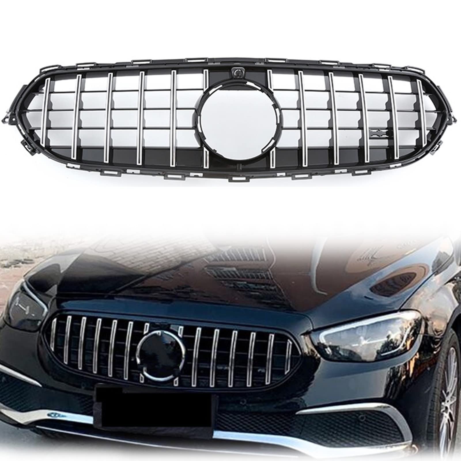 Grille avant de style GT pour Mercedes Classe E W213 2021-2022 calandre argentée avec trou caméra