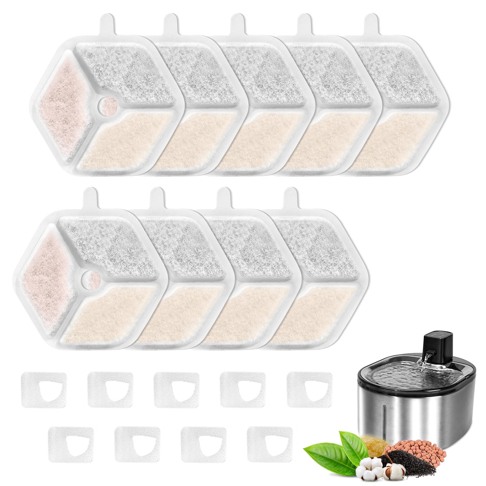Pet Water Fountain Filters Replacement for 152oz/4.5L Wireless Cat and dog Water Fountain PTM-643, 9+9 Packs Packs Replacement Filters Sponges Sets