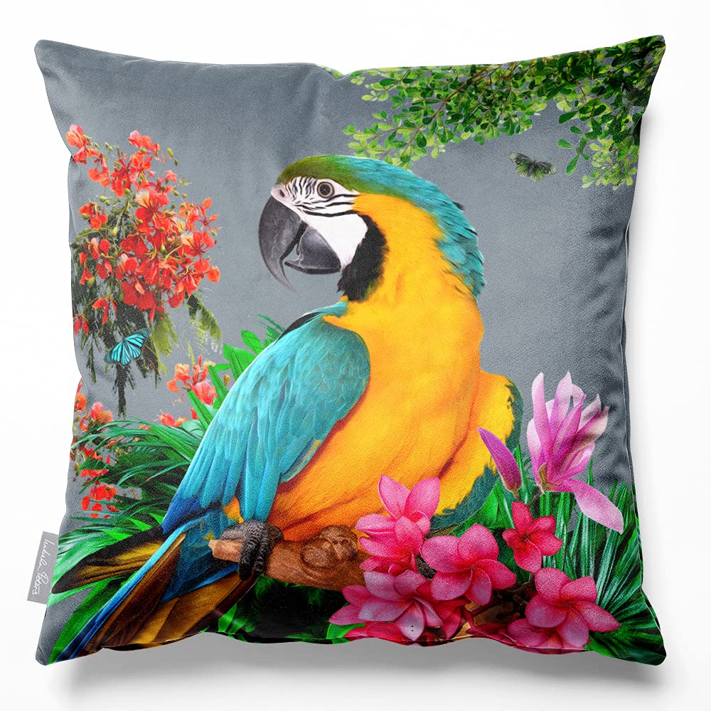 Izabela Peters Princely Parrot - French Grey Cushions With Covers Included, Filled Cushion, Eco-Friendly Velvet Cushions, 40 Cm, Chair Cushions, Sofa Cushions, Seat Cushions