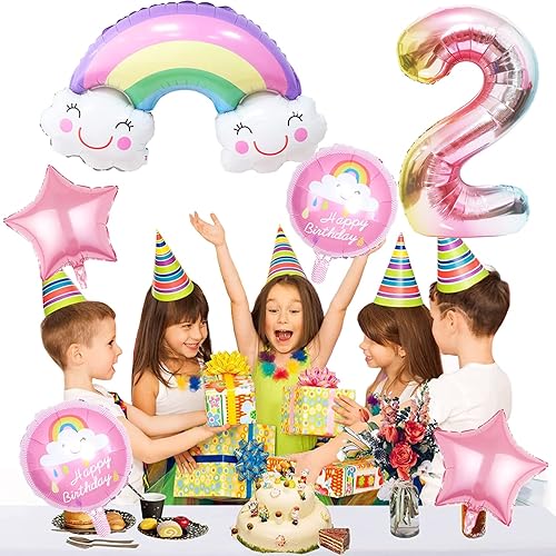 Miniatura 3 de Globos gigantes de 2 cumpleaños arcoíris con diseño de arcoíris sonriente, globos de aluminio de aluminio número 2, globos de puente arcoíris para