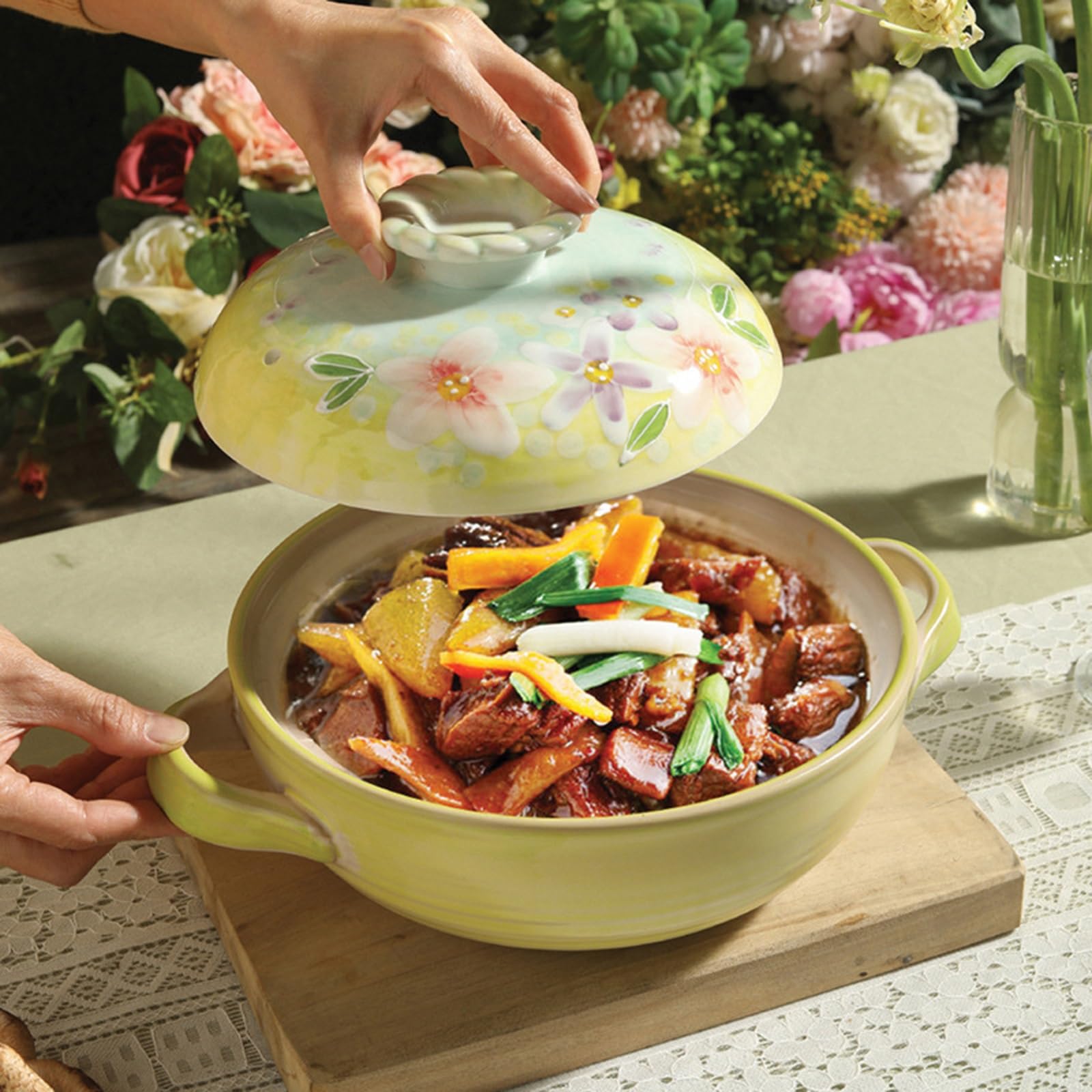Casseruola in ceramica con coperchio, pentola antiaderente, pentola rotonda con manico, pentole in terracotta da 1,3 l per zuppe e vapore