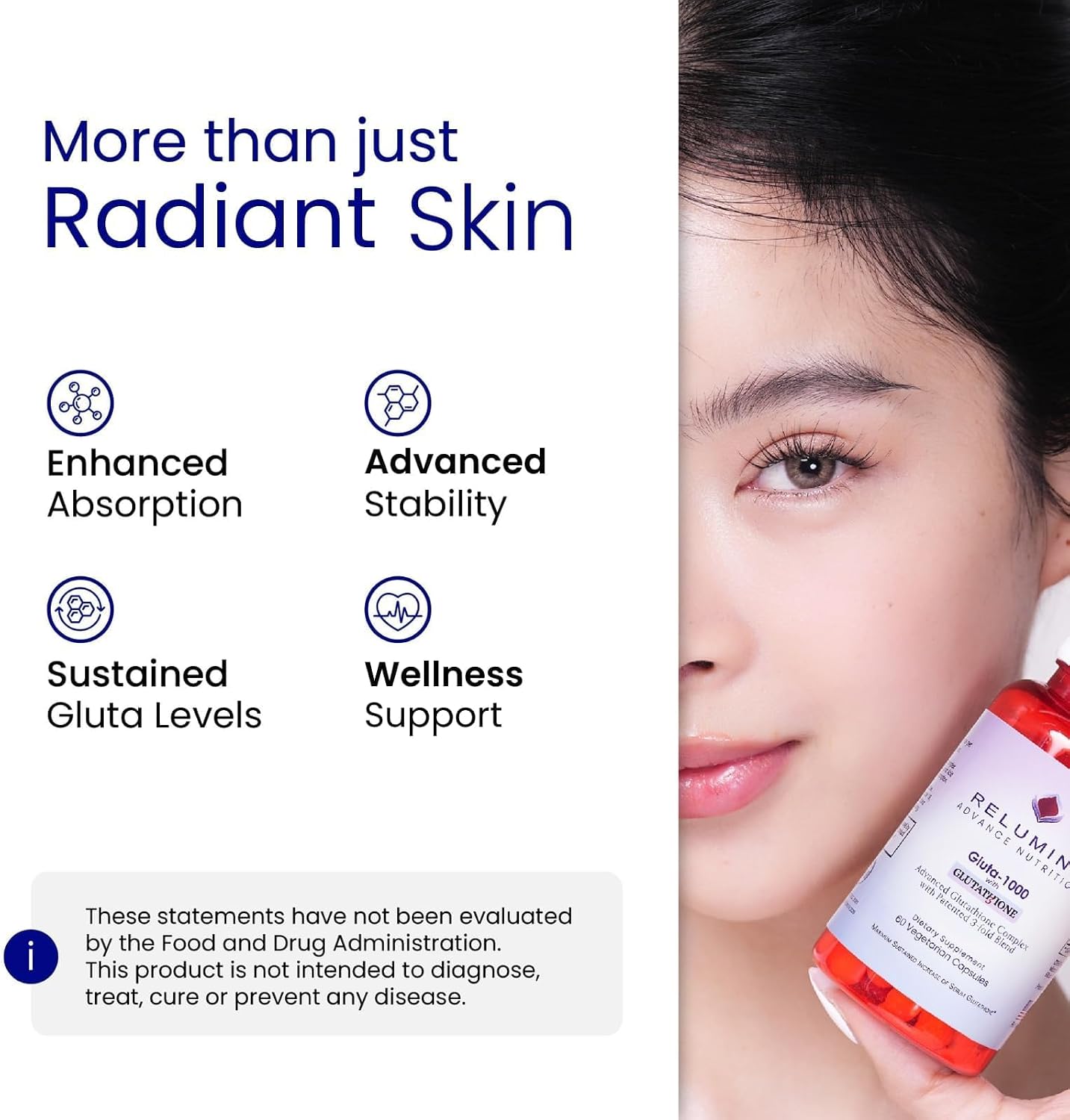 Relumins L-Glutathione Supplement Complex – Wellness Gift for Mom - World’s Most Advanced Reduced Glutathione 1000mg with Alpha Lipoic Acid for Smoother & Brighter Skin, Made in USA – 60 Caps x 5 Bots