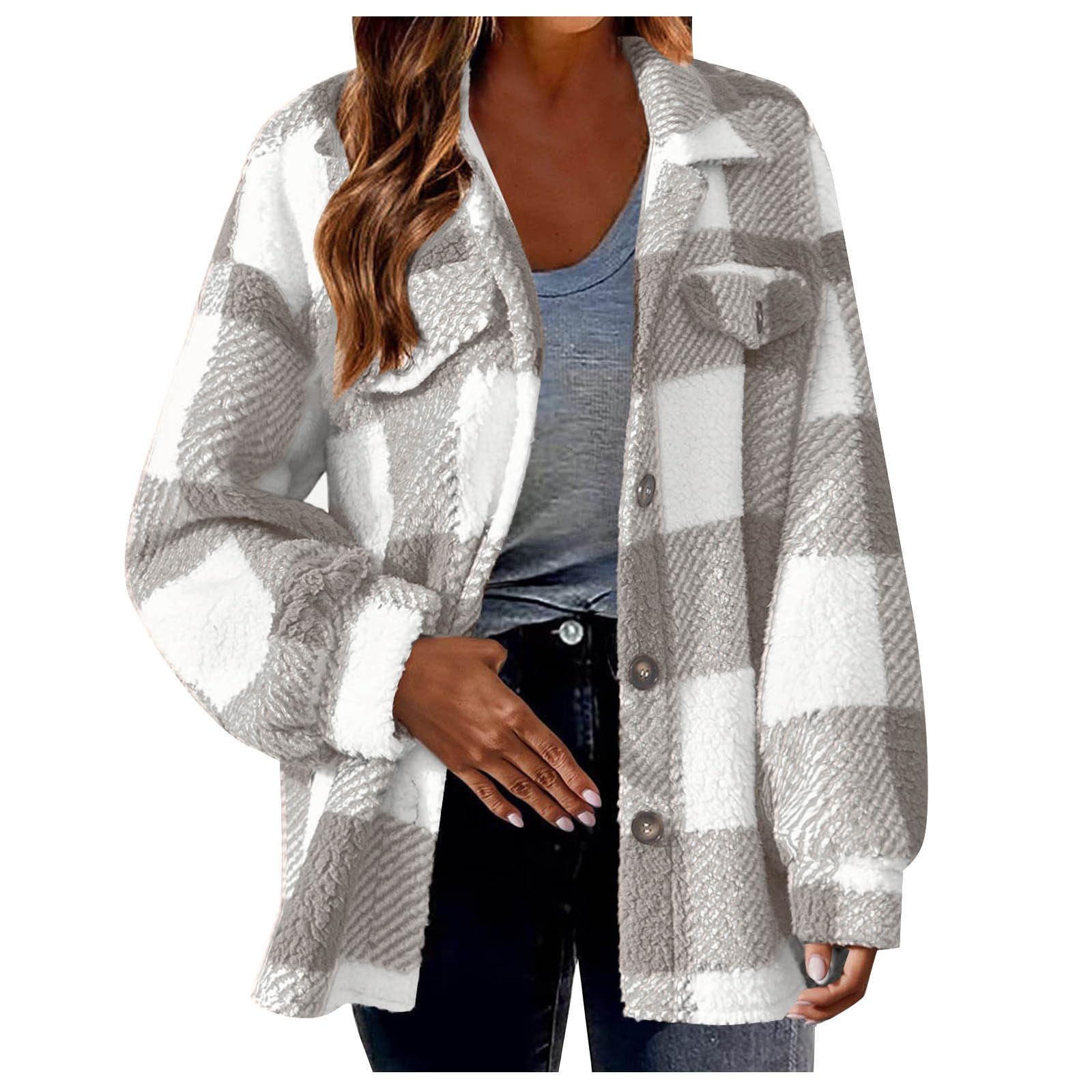 Womens Fall Winter Coats Warm Plush Shacket Jackets Button Cardigan Trendy Plaid Fleece Fuzzy Pockets Outwear
