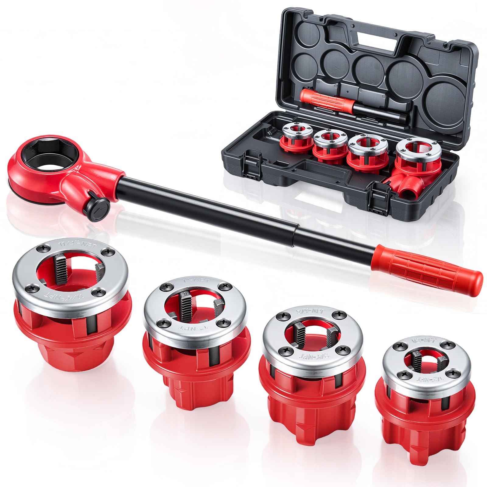 VEVOR Kit Filettatrice per Tubi a Cricchetto con 4 Filiere, 1/2", 3/4", 1", 1-1/4" NPT, Filettatrice Manuale per Tubi, Impugnatura Comoda, Valigetta Portatile per Installazione e Riparazione Idraulica