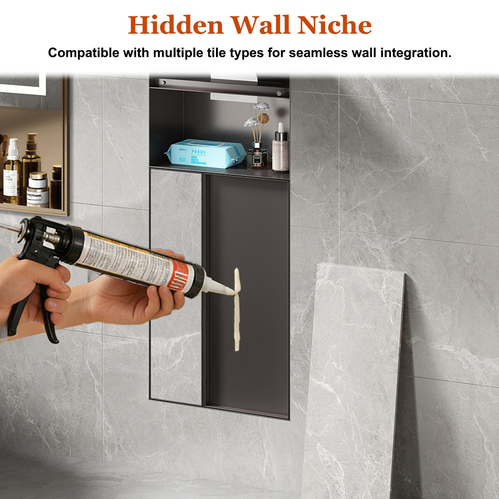 Nicho de baño empotrado con estante de almacenamiento y dispensador, soporte de papel higiénico en la pared para instalación de azulejos