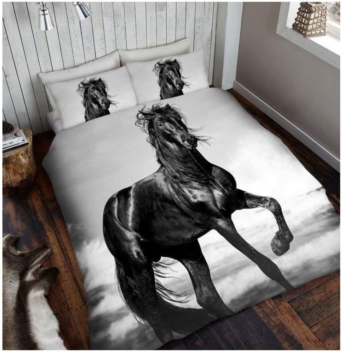 Parure de lit 220x240 cheval pour 2 personnes avec housse en microfibre et taies d'oreillers