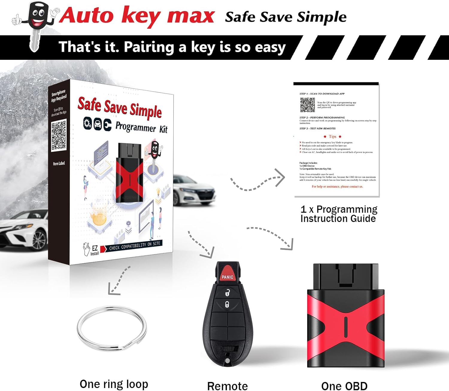 Programmable Keyfob, Replacement Car Keys Fob and DIY Programmer Kit for 2013-2017 Dodge RAM 1500 2500 3500 Remote GQ4-53T