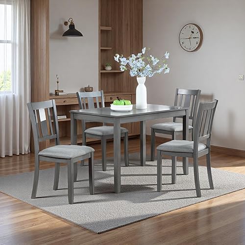 Miniatura 11 de Juego de mesa de comedor de 5 piezas estilo granja, mesa de cocina rectangular con 4 sillas tapizadas, juego de mesa de comedor rústica de 5 piezas