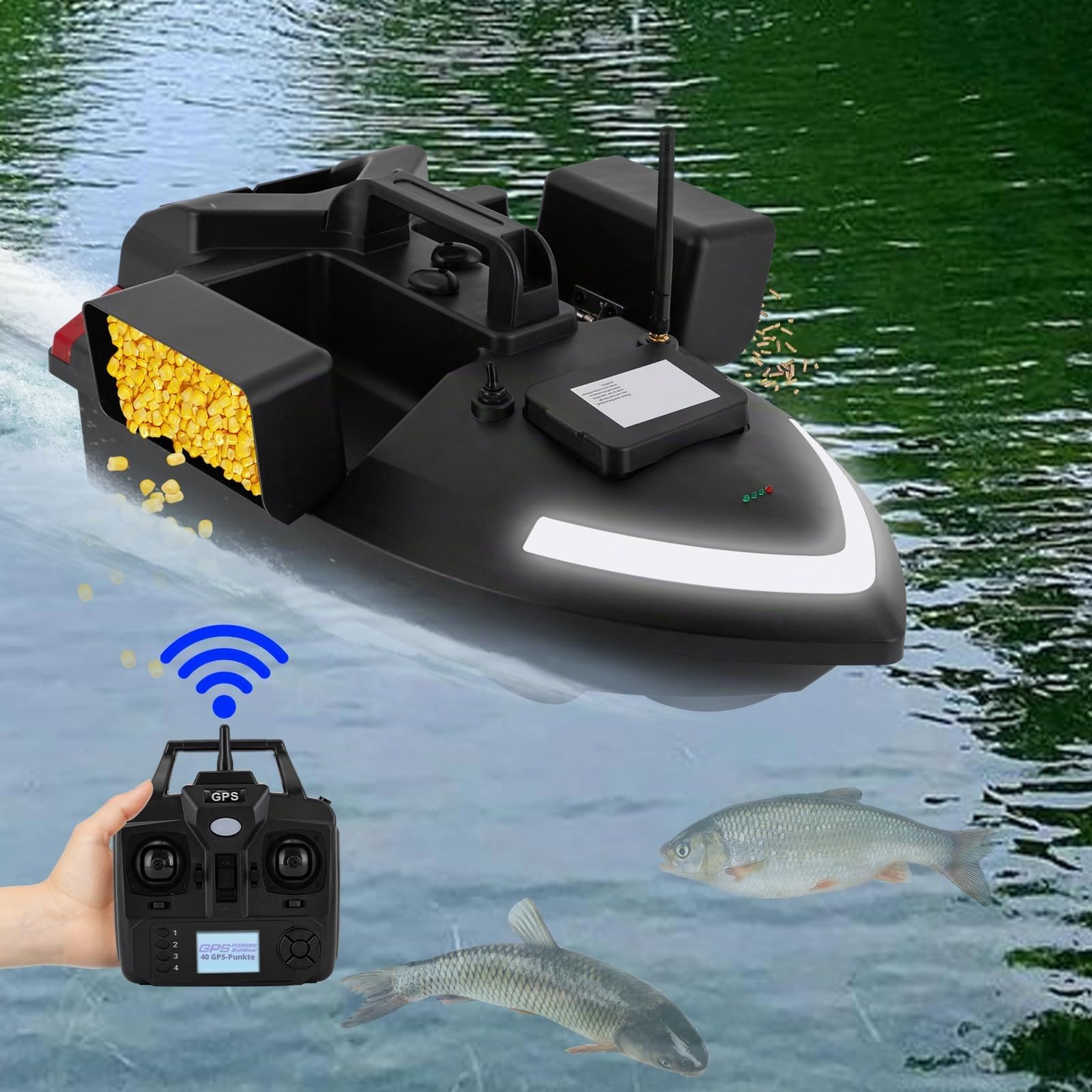 500M RC Köderboot GPS Angelköder Fischköder Boot mit 3 Köderboxen, 12000mAh Akku (4 Std.), Doppelmotor, Suchscheinwerfer, Automatische Rückkehr, Für Karpfenangeln