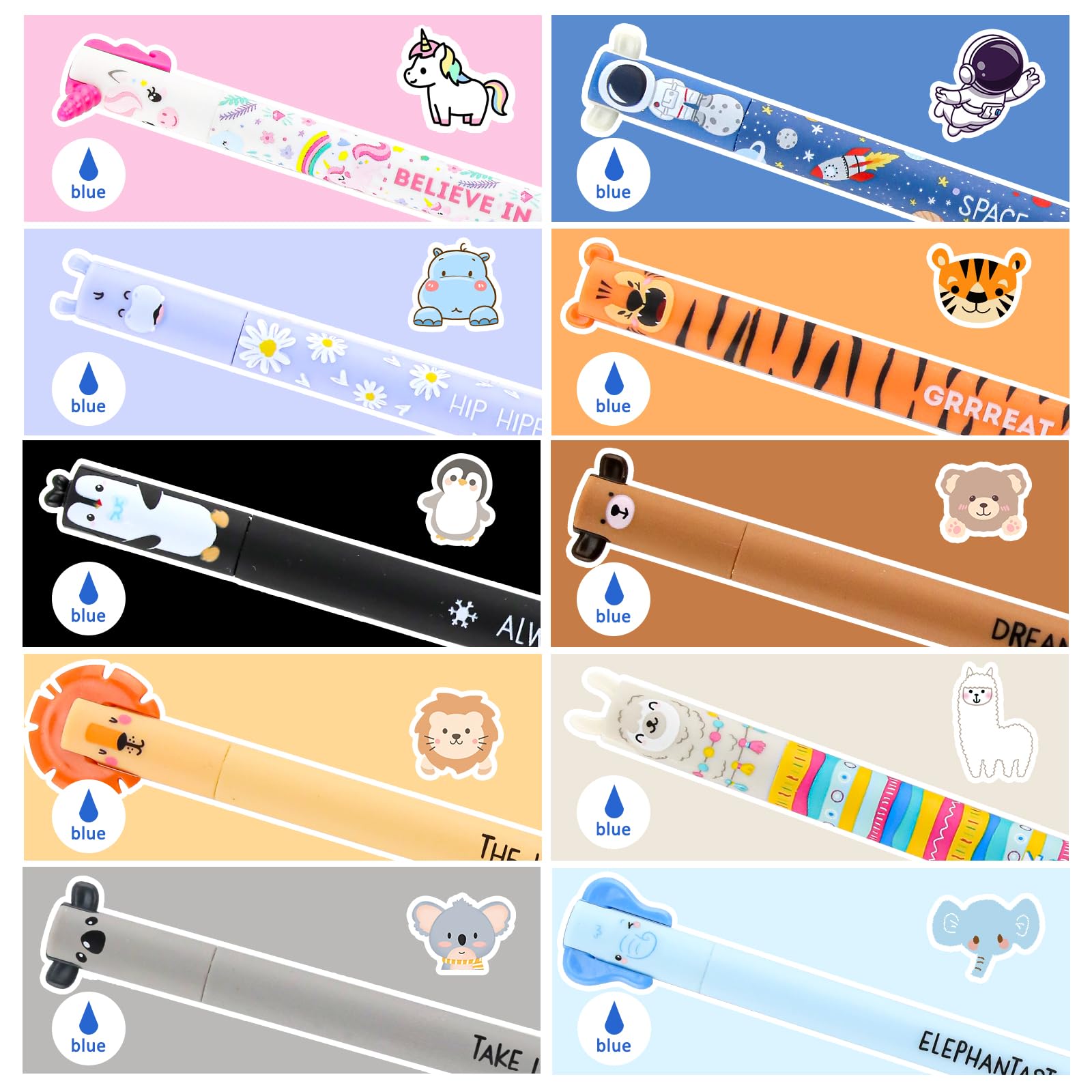 Paquete de 10 bolígrafos de gel borrables, bolígrafos borrables con diseño de animales de 0,7 mm, tinta azul, escritura suave, bolígrafos de tinta de gel reescribibles para escuela y oficina