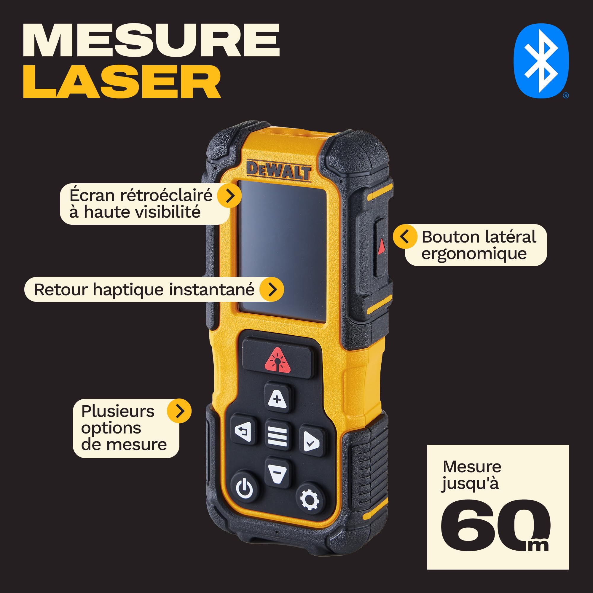 DEWALT Télémètre Laser 60 m avec Batterie Lithium Rechargeable, DWHT78200-XJ