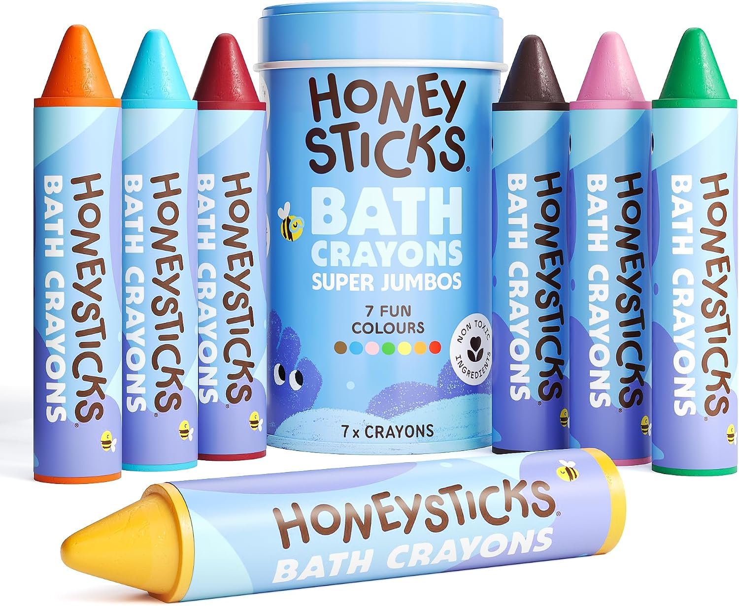 Honeysticks Crayones de Baño Super Jumbo (Paquete de 7) No Tóxicos | Cera de Abejas, para Niños de 1 a 3 y 4 a 8 Años, Colores Calidad Alimentaria, sin Fragancia, No Irritantes, Excelente Regalo