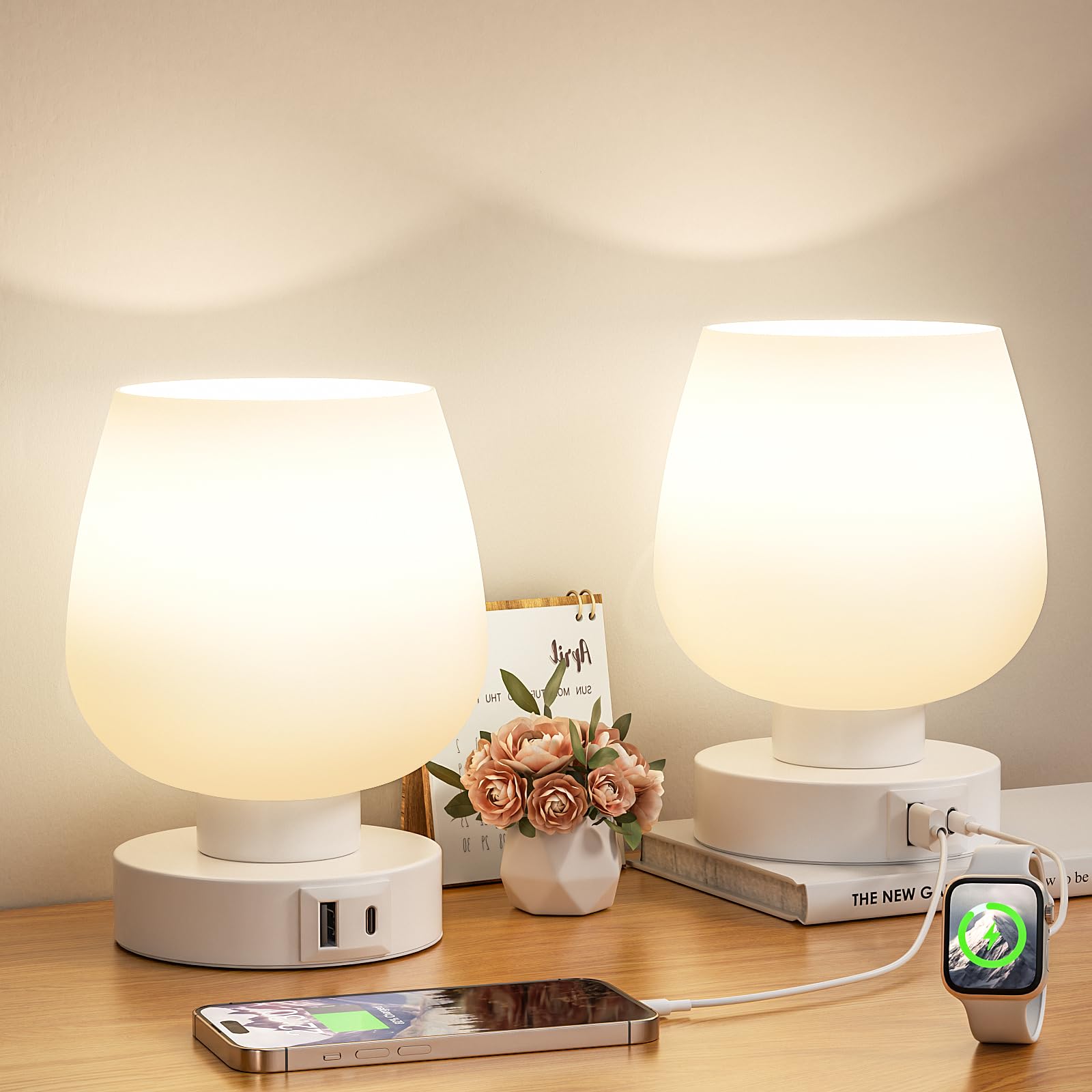 Touch Tischlampe für Nachttisch 2er Set - Nachttischlampe mit USB C+A Ladeanschlüssen für Schlafzimmer Wohnzimmer Nachttische, Schreibtischlampe mit weißem Glasschirm für kleine Räume, 3 Wege Dimmbar