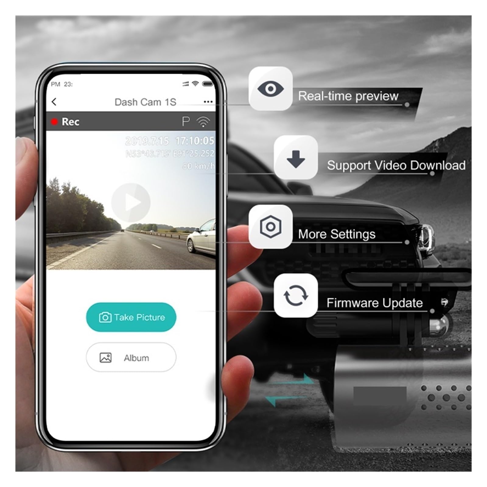 DashCam Car DVR 1S APP Controllo vocale inglese 1S 1080P HD Night Vision 1S Dash Camera Recorder WiFi Dash Cam Installazione facile(Cam 1S,No TF Card)