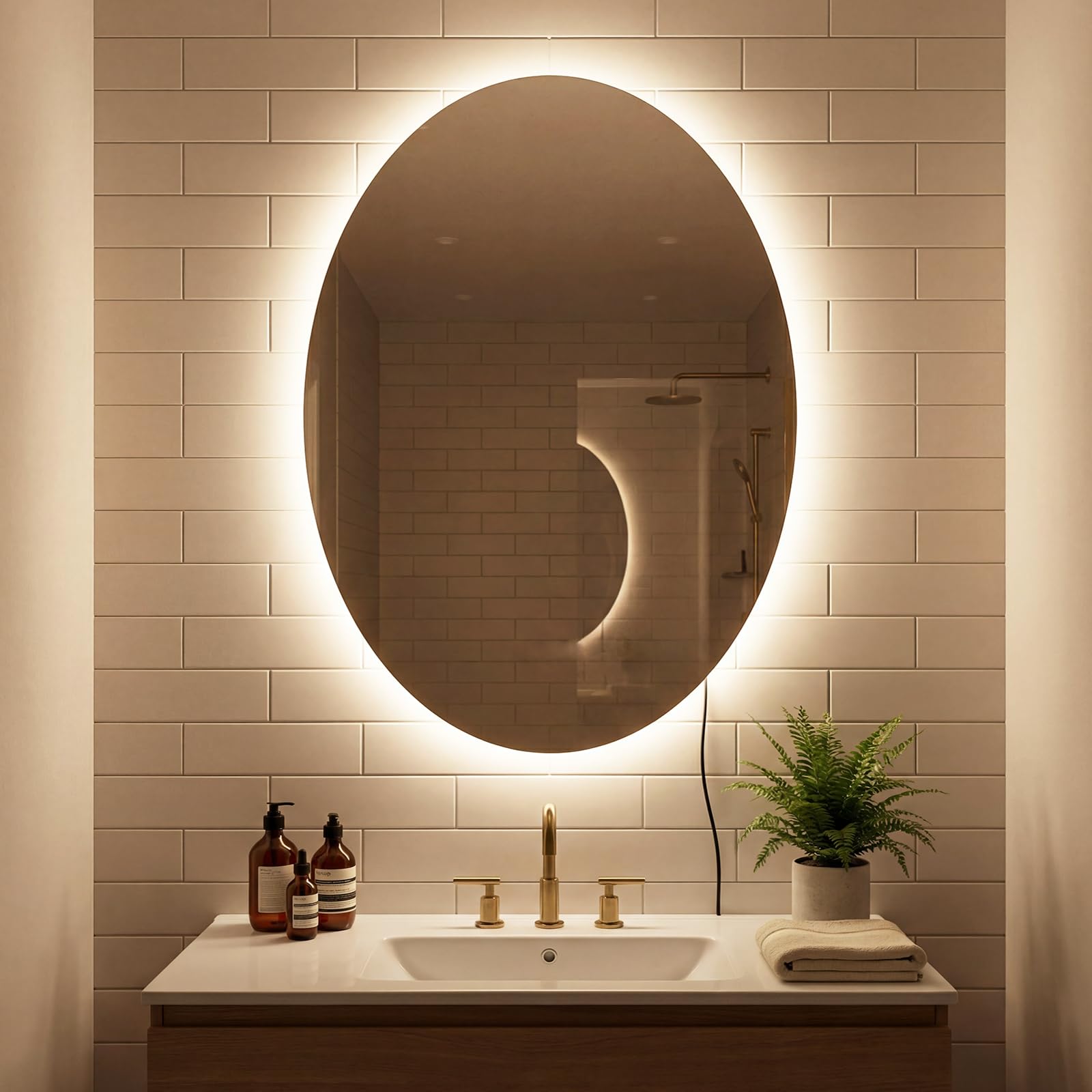 COSTWAY Specchio da Bagno Ovale 70 x 50 cm, Specchio Retroilluminato Bagno con Luce, Antiappannamento, 3 Colori di Luce Dimmerabili, Funzione Memoria e Vetro Temperato Infrangibile per Ingresso, IP44