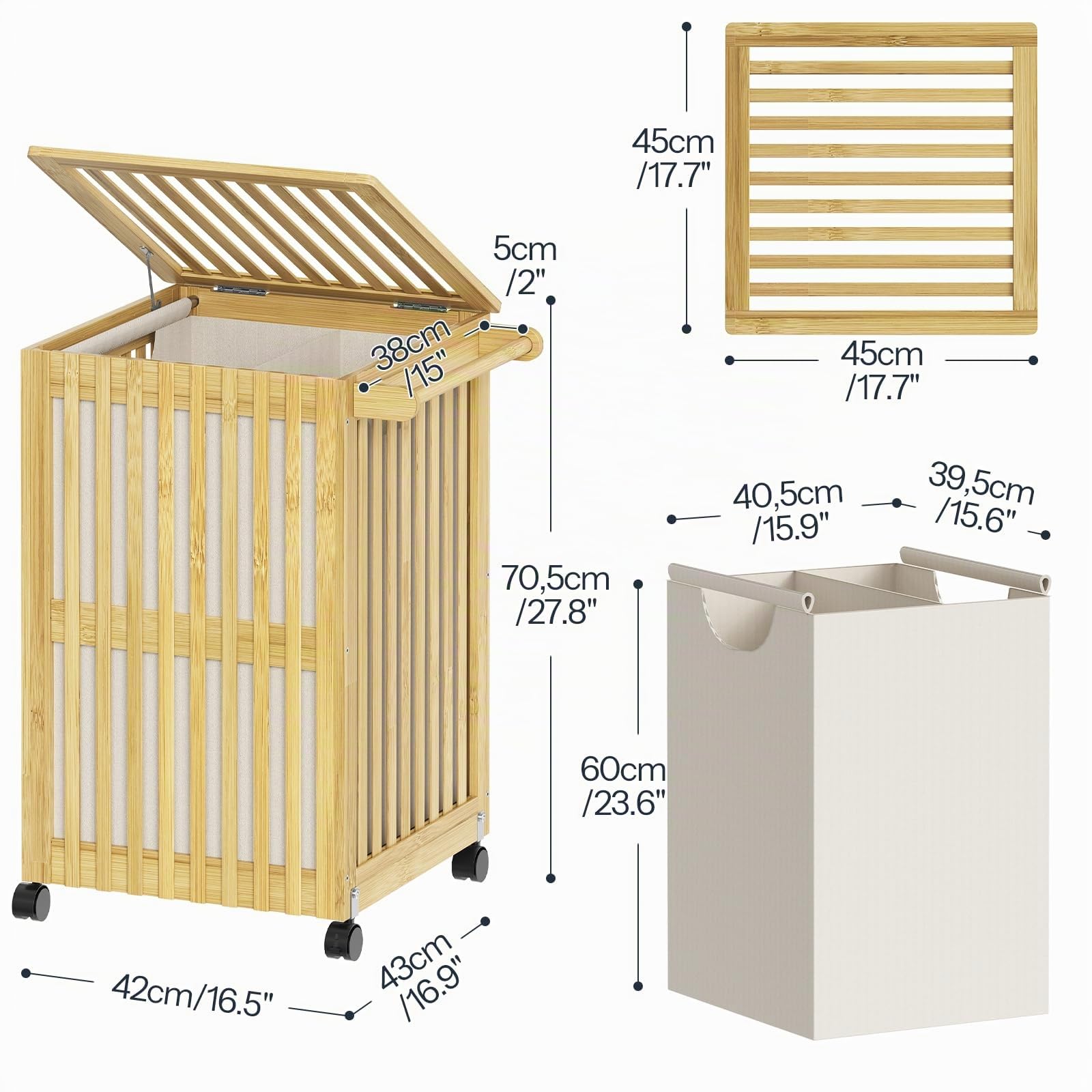 HOOBRO Cesto para Ropa Sucia de Bambú, Volumen 120 L, con Tapa y Asas, Cesta de Lavandería, Cesto para la Colada con Ruedas, Doble Compartimento con Bolsa Extraíble, Baño, Lavadero, Natural EYL60XY01