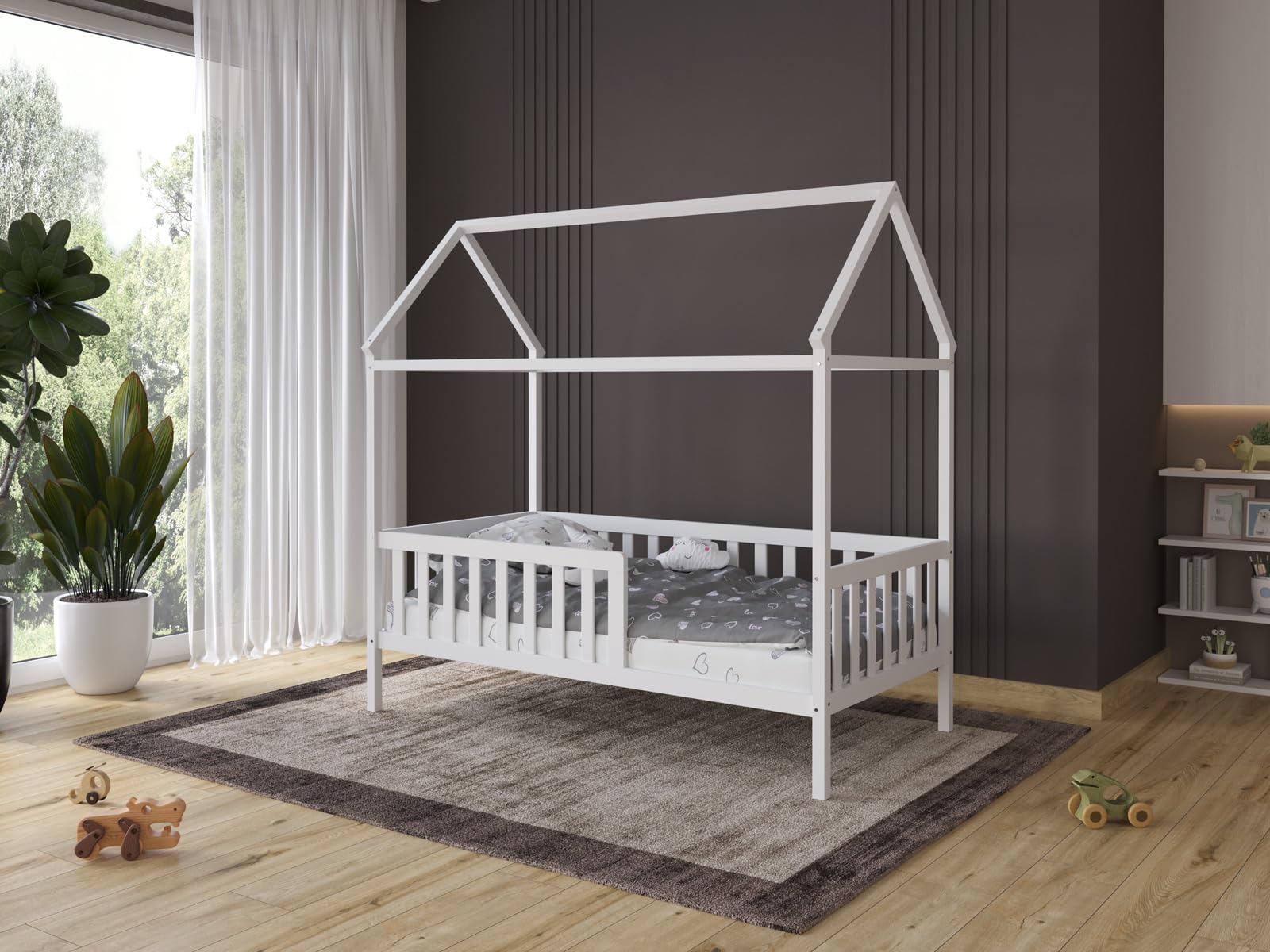 Love For Sleep Cuna Convertible en Cama 160x80cm Cama con Forma De Casa, Estructura De Cama Infantil, Cama Acogedora para Niños Pino JUNBED Juego Completo de Cuna - Cuna Cama Bebe Convertible
