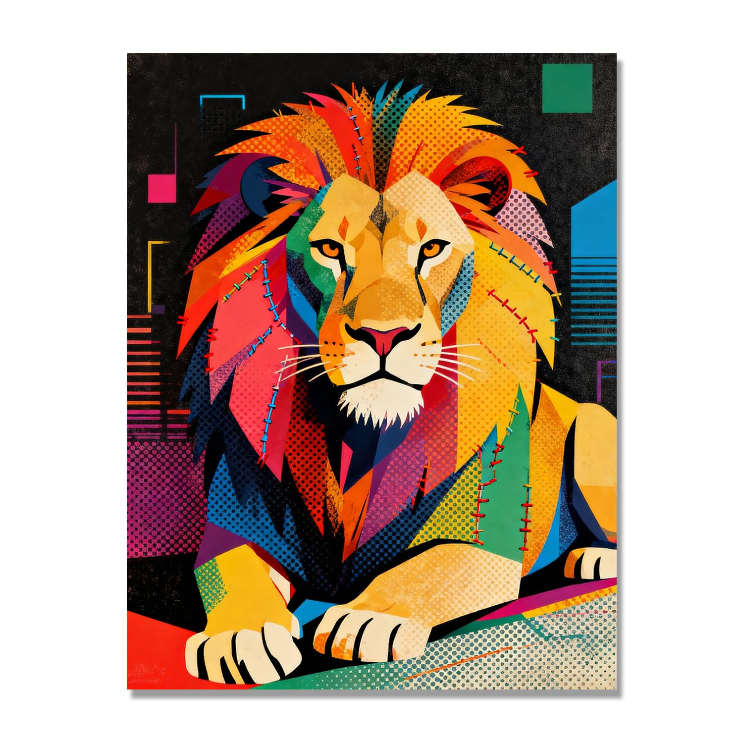 GYSDKUS Pop Art Lion Wall Art, Vibrant Red, Yellow and Blue Halftone Print, Bold Animal Portrait Poster. M09. 70x90cm-28x35in. Frameless