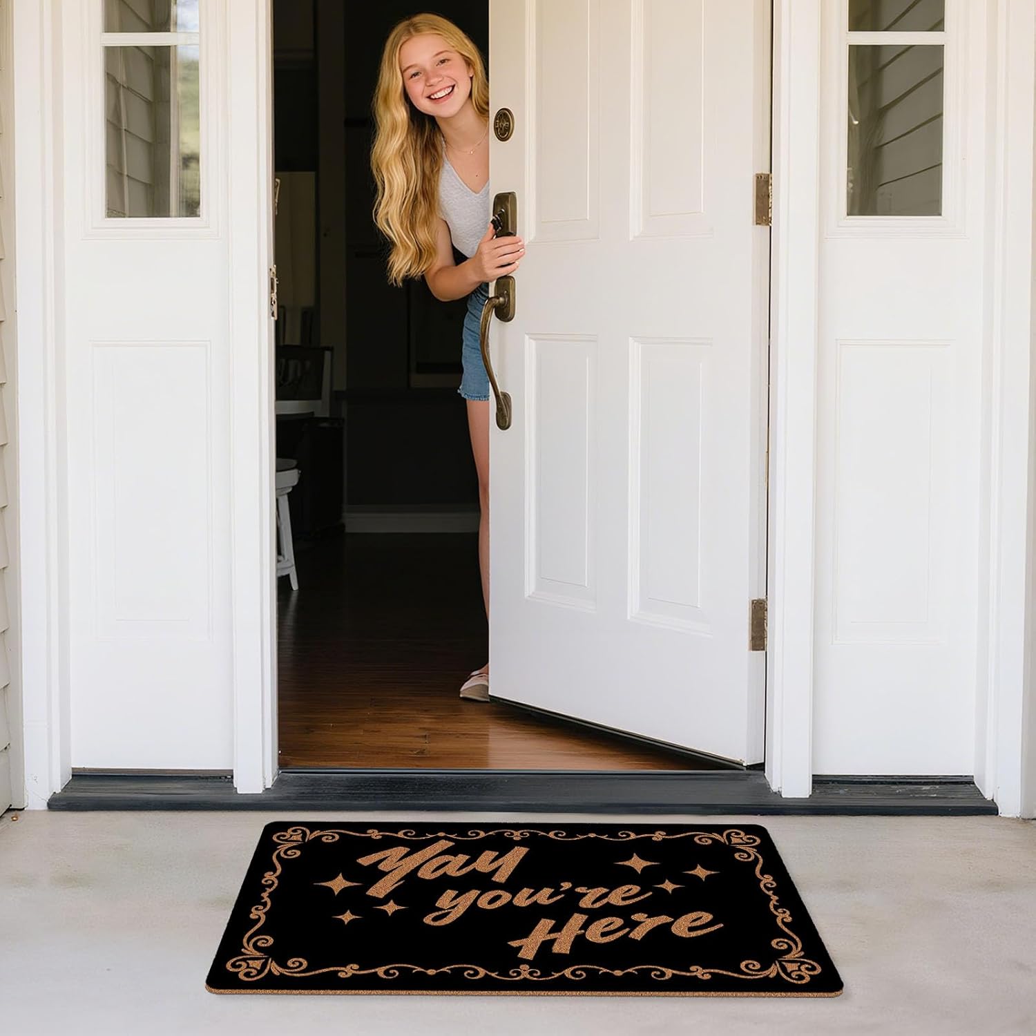 Yay You're Here Funny Welcome Door Mat, 30x17 Inch, Cute Front Doormat Non-Slip PVC Backing, Easy to Clean Entry Mat, Indoor Outdoor Porch Entrance Entryway, Home Decor