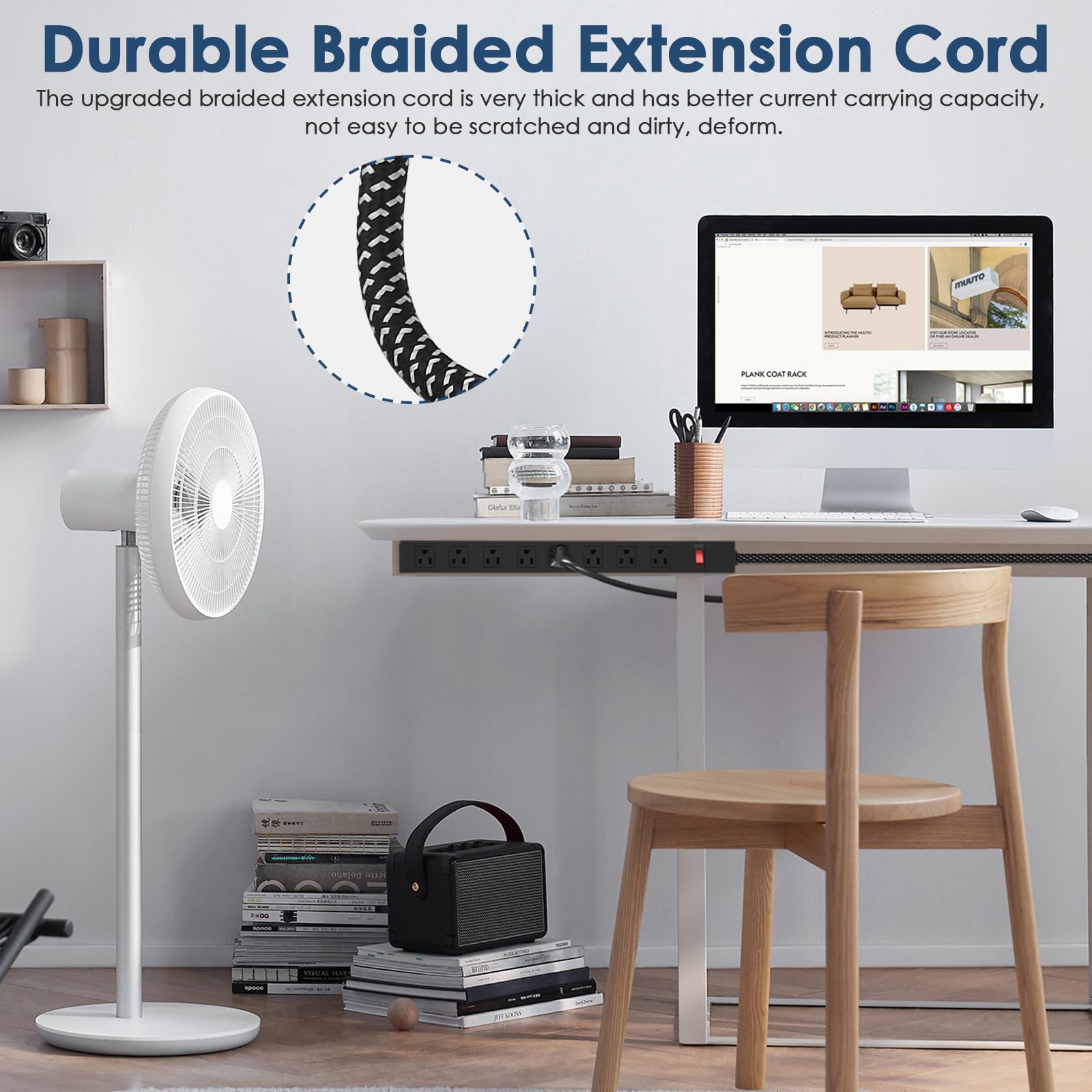 Multiprise en métal avec 8 prises amovibles et robustes 3 m 14 AWG câble d'extension tressé pour la maison, le bureau, l'école, le magasin, le garage, le commerce