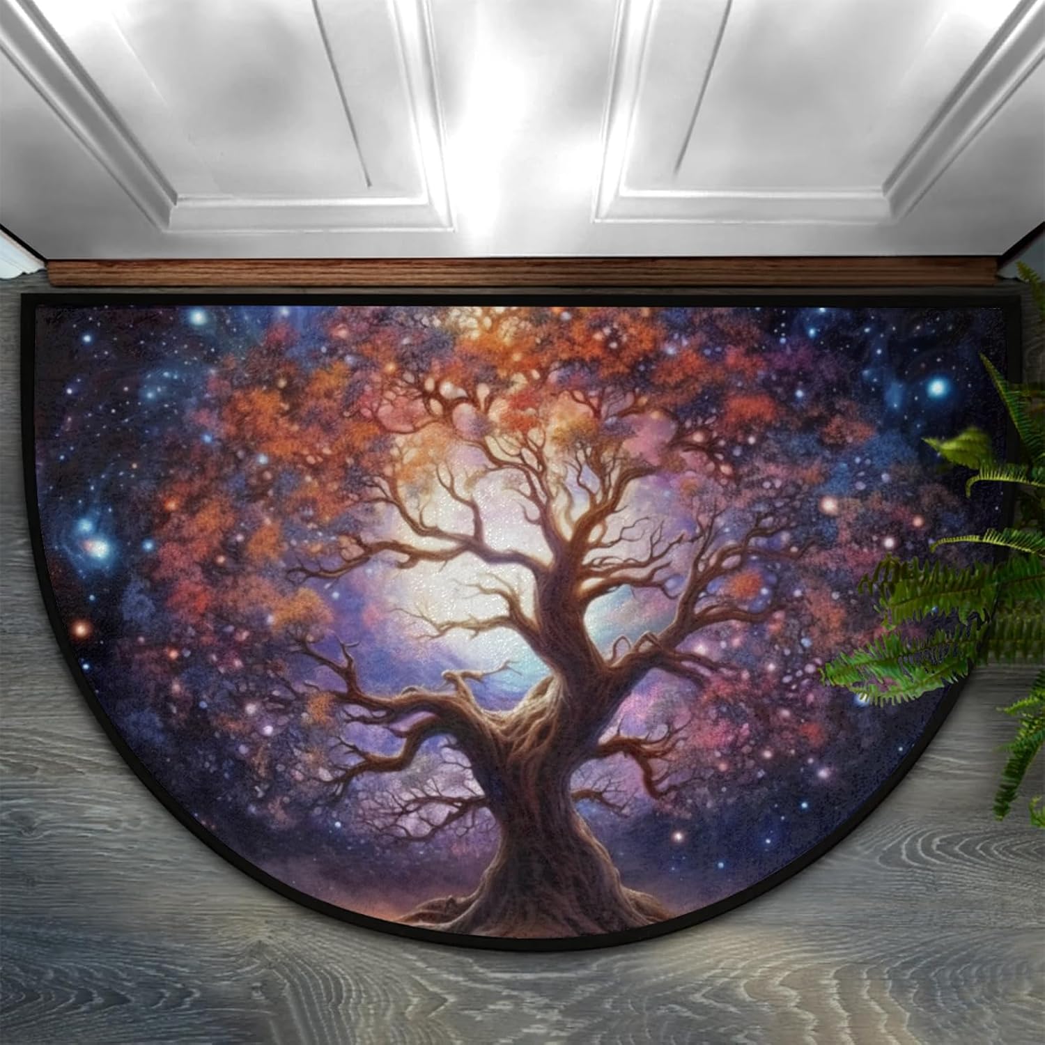 cfpolar Half Round Door Mat Tree of Life Starry Sky Non-Slip Semi Circle Area Rug Washable Semi Circle Floor Rug for Indoor Outdoor Living Room Bathroom Kitchen Patio Hearth Rugs Home Decoration