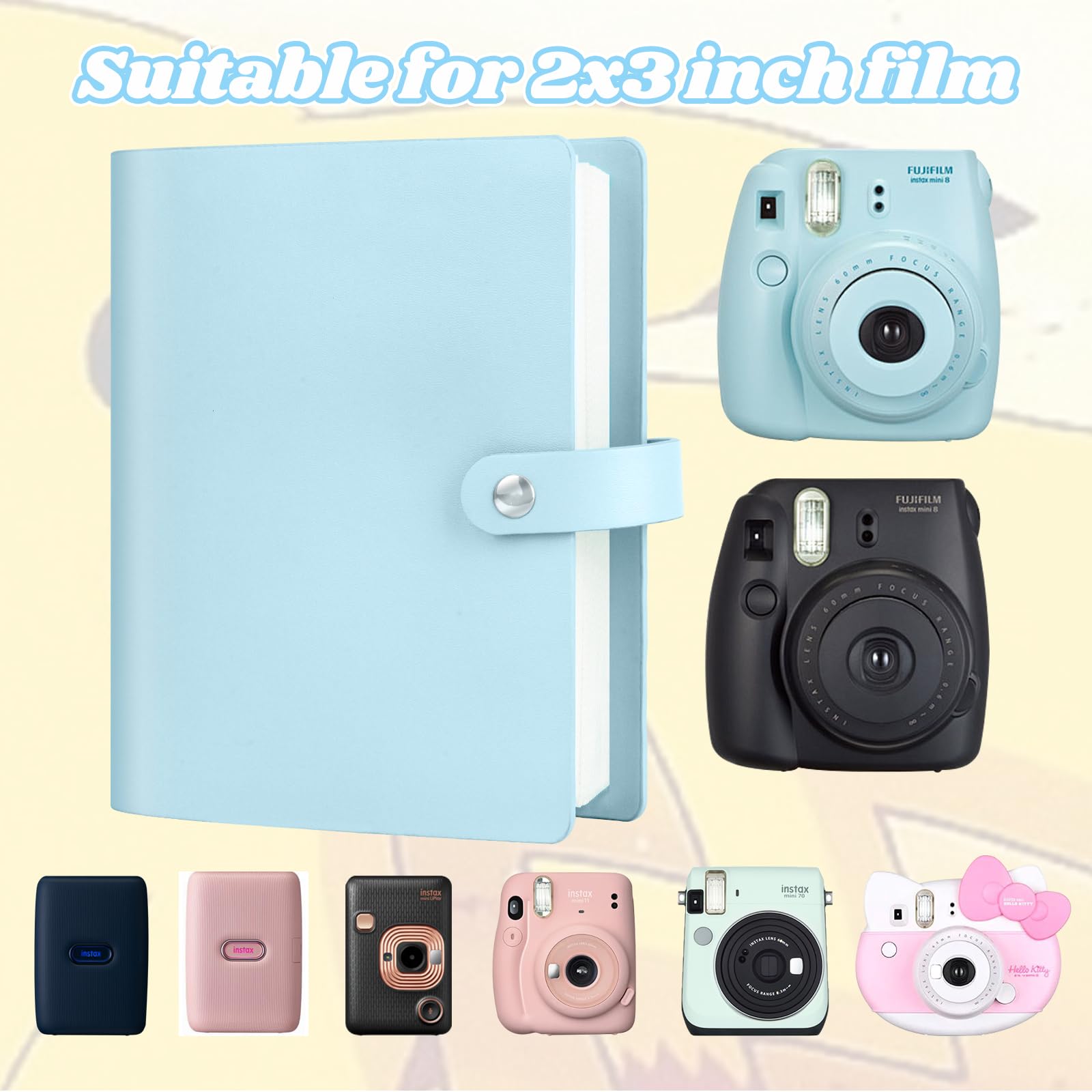 Ruibytree Fotoalbum 320 Kieszonek do Instax Mini & Polaroid 2x3 Cali, Nieb | Okładka skóry PU, bezkwasowe przezroczyste strony, kieszonki boczne, łatwy podgląd zdjęć instant, karty kolekcjonerskie 6×9cm
