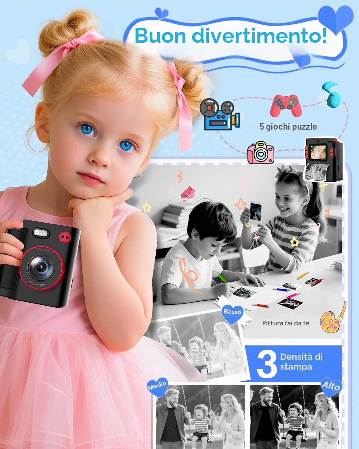 Macchina Fotografica Bambini Istantanea, 1080P HD Fotocamera Istantanea per Bambini con 32GB Scheda & Carta Fotografica, Giocattolo Regalo di Natale Compleanno Bambino e Bambina 3-12 Anni