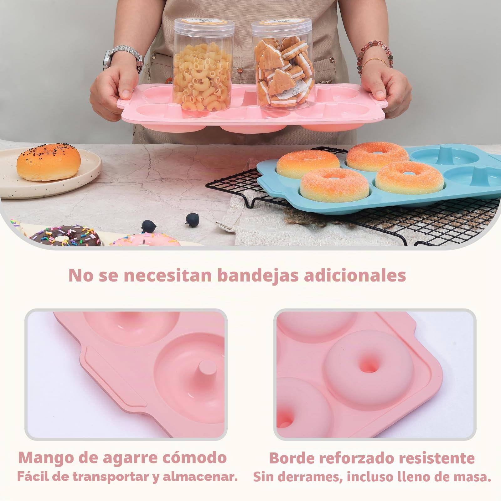 Molde para donuts de silicona 2-piezas: molde para donuts 10,2 cm | 6 cavidades y marco metálico para hornear bagels sin azúcar. Accesorio de cocina antiadherente para hornear (rosa y beige)