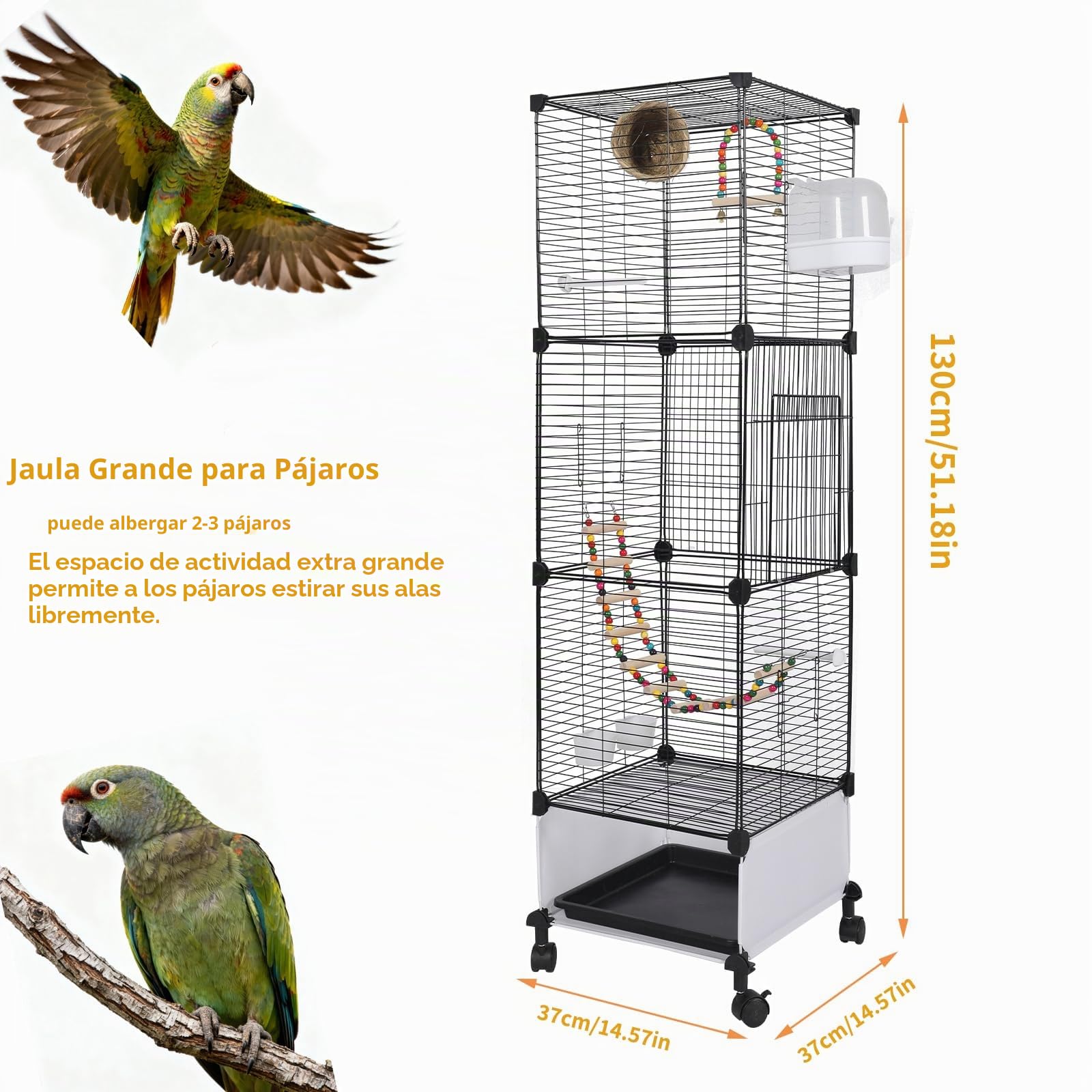 MSFE Jaula de Aves Grande, 130x37x37cm Jaula para Loros con ruedas, Jaula para Pájaros Voladera Interior con columpio, percha, para periquito, calopsitte, conure, pinzón, canario