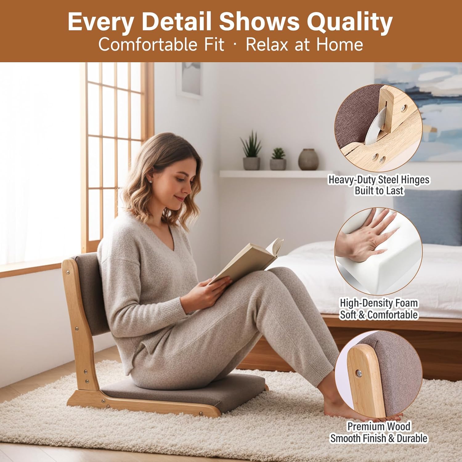 Tiita Foldable Meditation Floor Chair, Back Support, Wood Grey