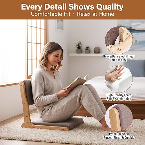 Miniatura 4 de Tiita Silla de juegos de suelo de 2 piezas, sillas plegables de tatami de meditación, silla de respaldo con cojín, asiento de silla de sala de