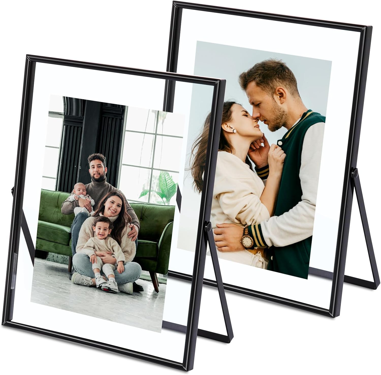 Qiannhee 8x10 Floating Frames Set of 2, Double Glass Desktop Picture Frames, Holds Multiple Photo Sizes, Photo Frame with Metal Stand