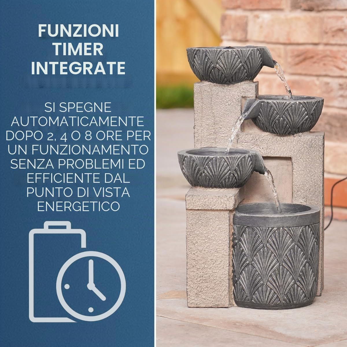 Festive Lights Fontana solare a LED da 42 cm con cascata e ciotole, alimentazione solare e USB, fontana solare da giardino per interni ed esterni, fontana solare per giardino d'acqua all'aperto