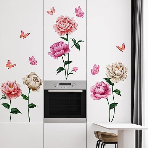 Miniatura 7 de Calcomanías de pared de rosas de peonía, calcomanías de flores, removibles para despegar y pegar, apliques florales de acuarela rosa, papel tapiz
